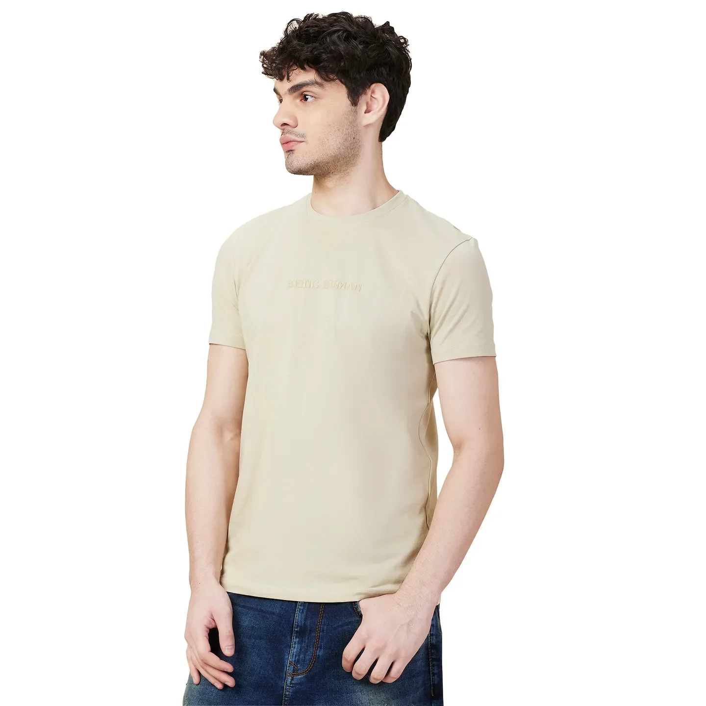 Light Olive Slim Fit Round Neck Men's T-Shirt by Being Human Clothing - Image 4