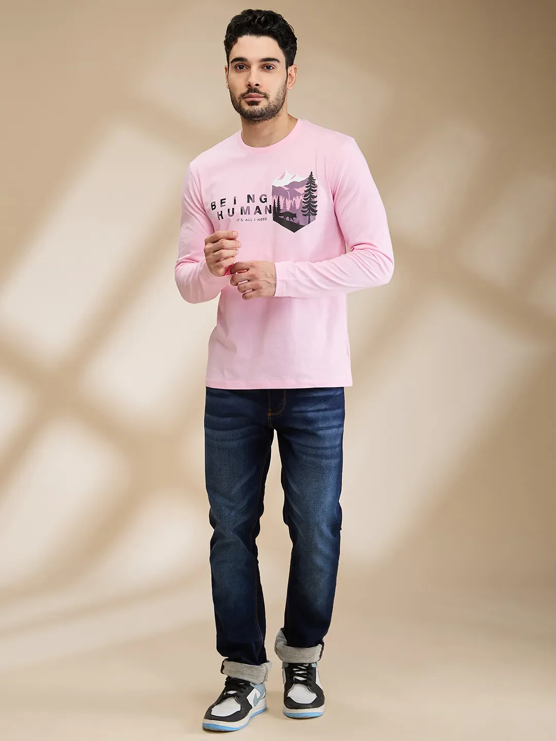 Pink Regular Fit Men's Long Sleeves T-Shirt by Being Human Clothing - Image 2