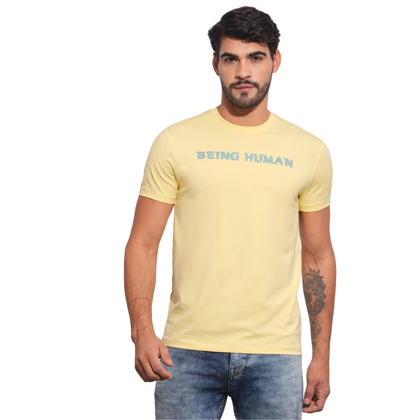 Yellow Slim Fit Round Neck Men's T-Shirt by Being Human Clothing