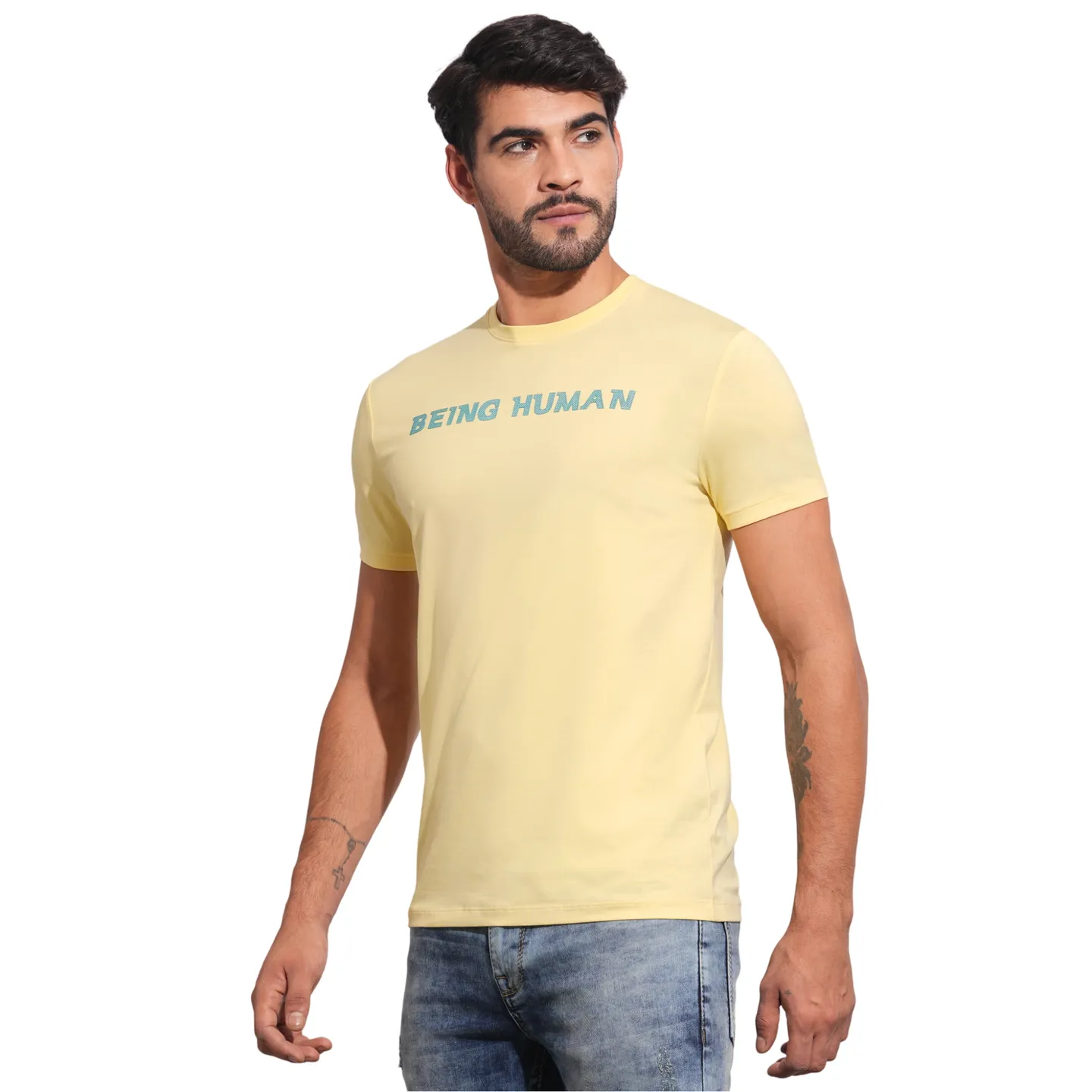 Yellow Slim Fit Round Neck Men's T-Shirt by Being Human Clothing - Image 2