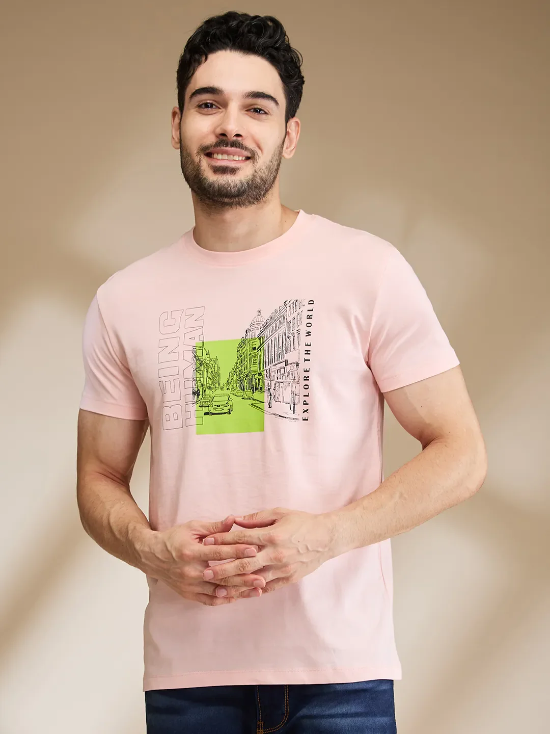 Pink Regular Fit Men's Short Sleeves T-Shirt by Being Human Clothing