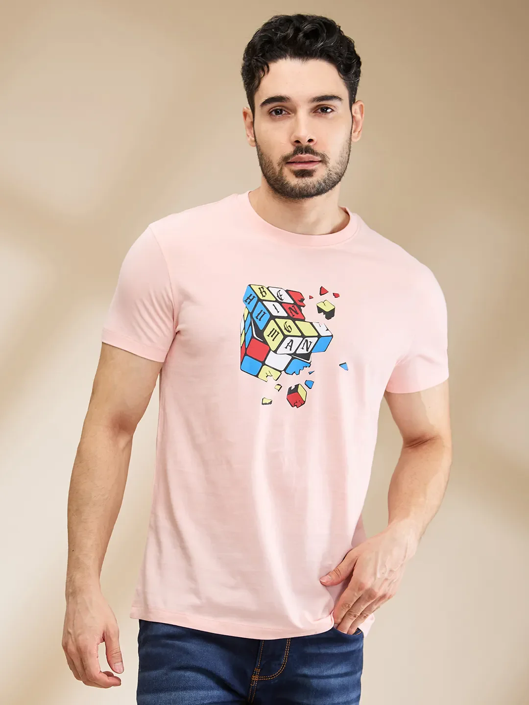 Pink Regular Fit Men's Short Sleeves T-Shirt by Being Human Clothing