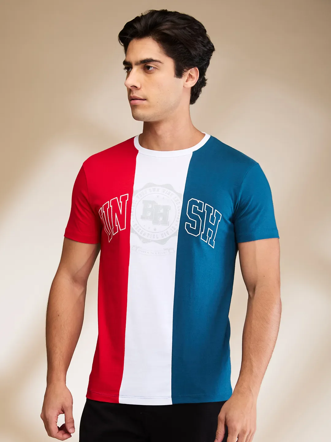 Red White Teal Regular Fit Round Neck Men's T-Shirt by Being Human Clothing