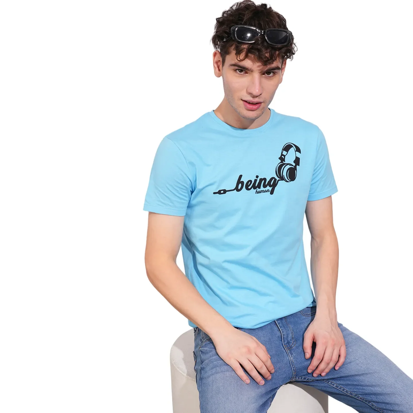 Sky Blue Regular Fit Round Neck Men's T-Shirt by Being Human Clothing - Image 6