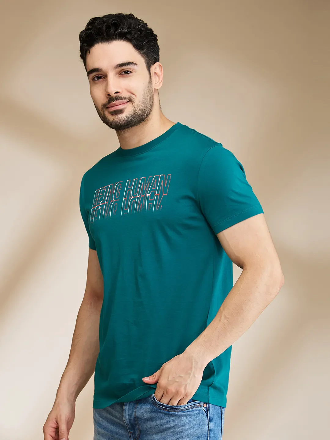 Teal Regular Fit Round Neck Men's T-Shirt by Being Human Clothing - Image 4
