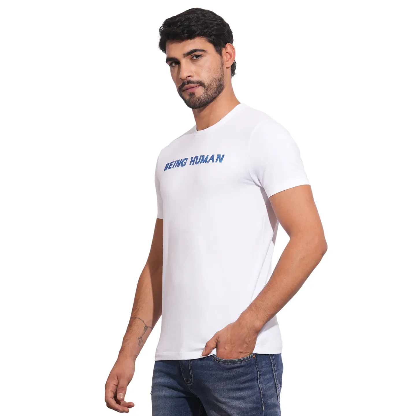 White Slim Fit Round Neck Men's T-Shirt by Being Human Clothing - Image 2