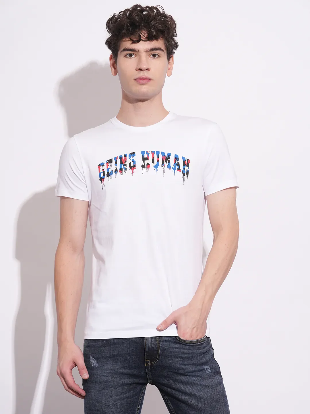 White Slim Fit Round Neck Men's T-Shirt by Being Human Clothing