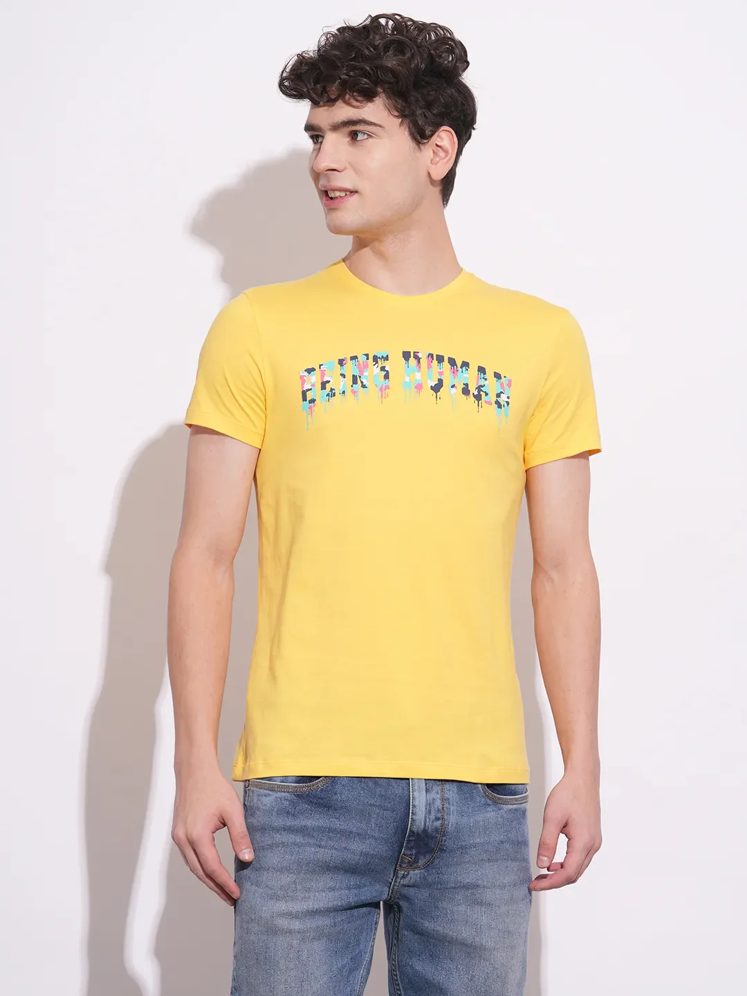 Yellow Slim Fit Round Neck Men's T-Shirt by Being Human Clothing