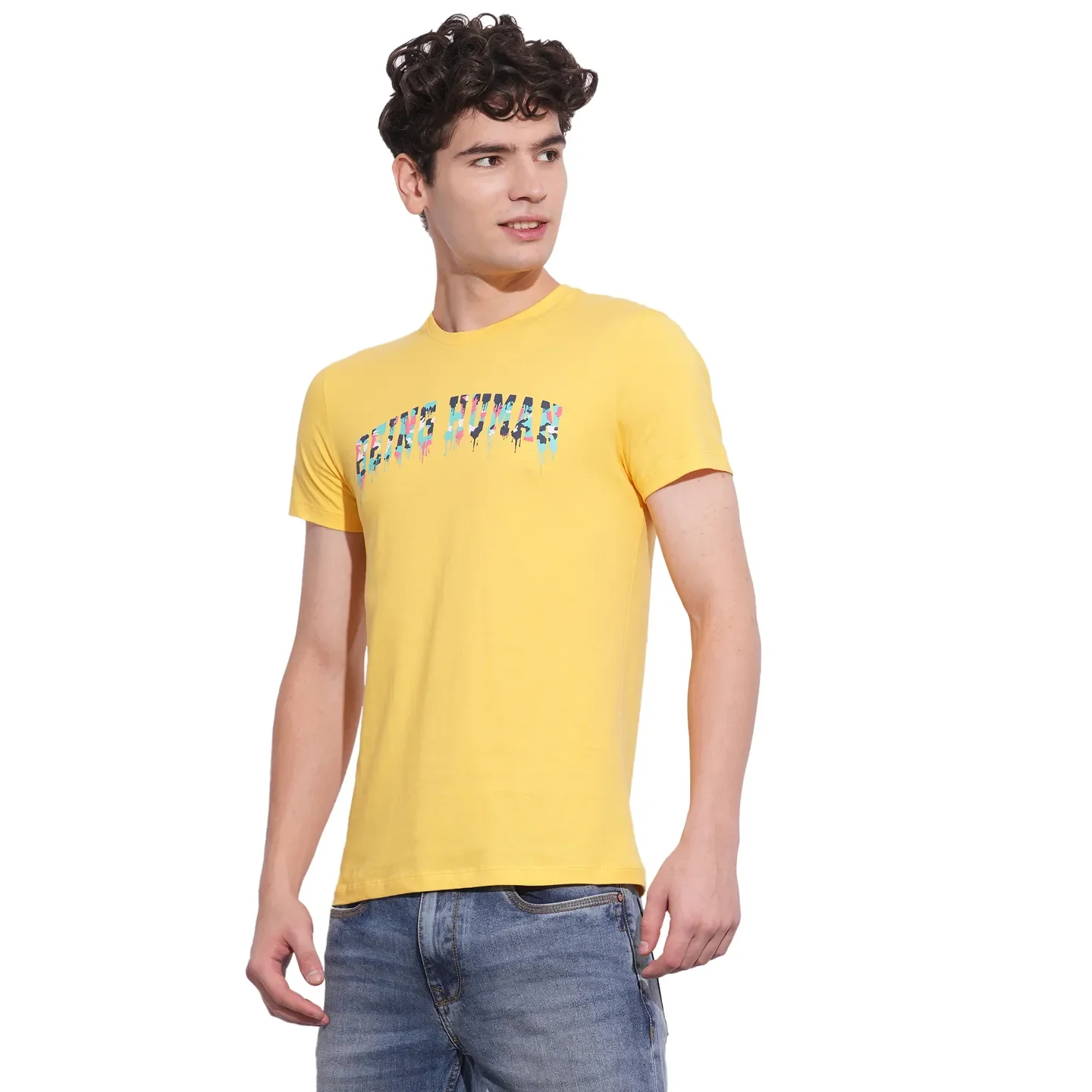 Yellow Slim Fit Round Neck Men's T-Shirt by Being Human Clothing - Image 2