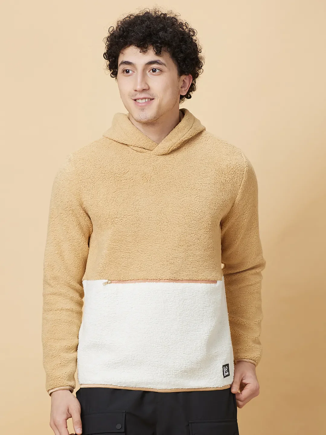 Beige Regular Fit High Neck Long Sleeves Men's Hoodie by Being Human Clothing