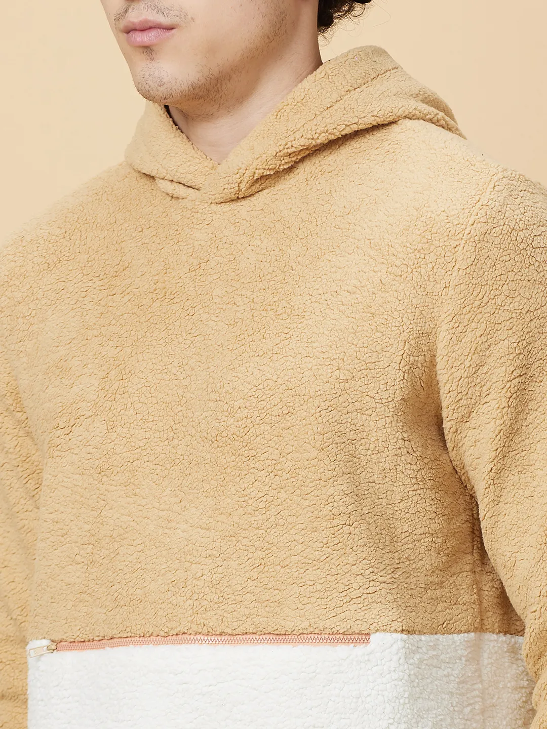 Beige Regular Fit High Neck Long Sleeves Men's Hoodie by Being Human Clothing - Image 5