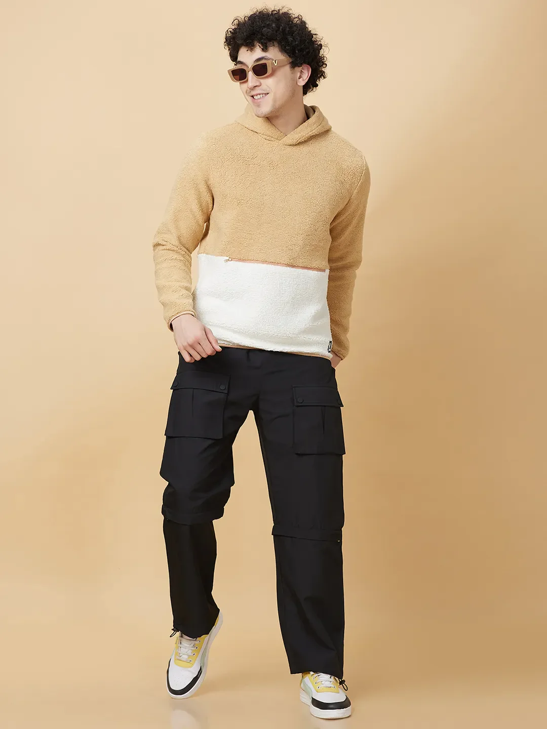 Beige Regular Fit High Neck Long Sleeves Men's Hoodie by Being Human Clothing - Image 6