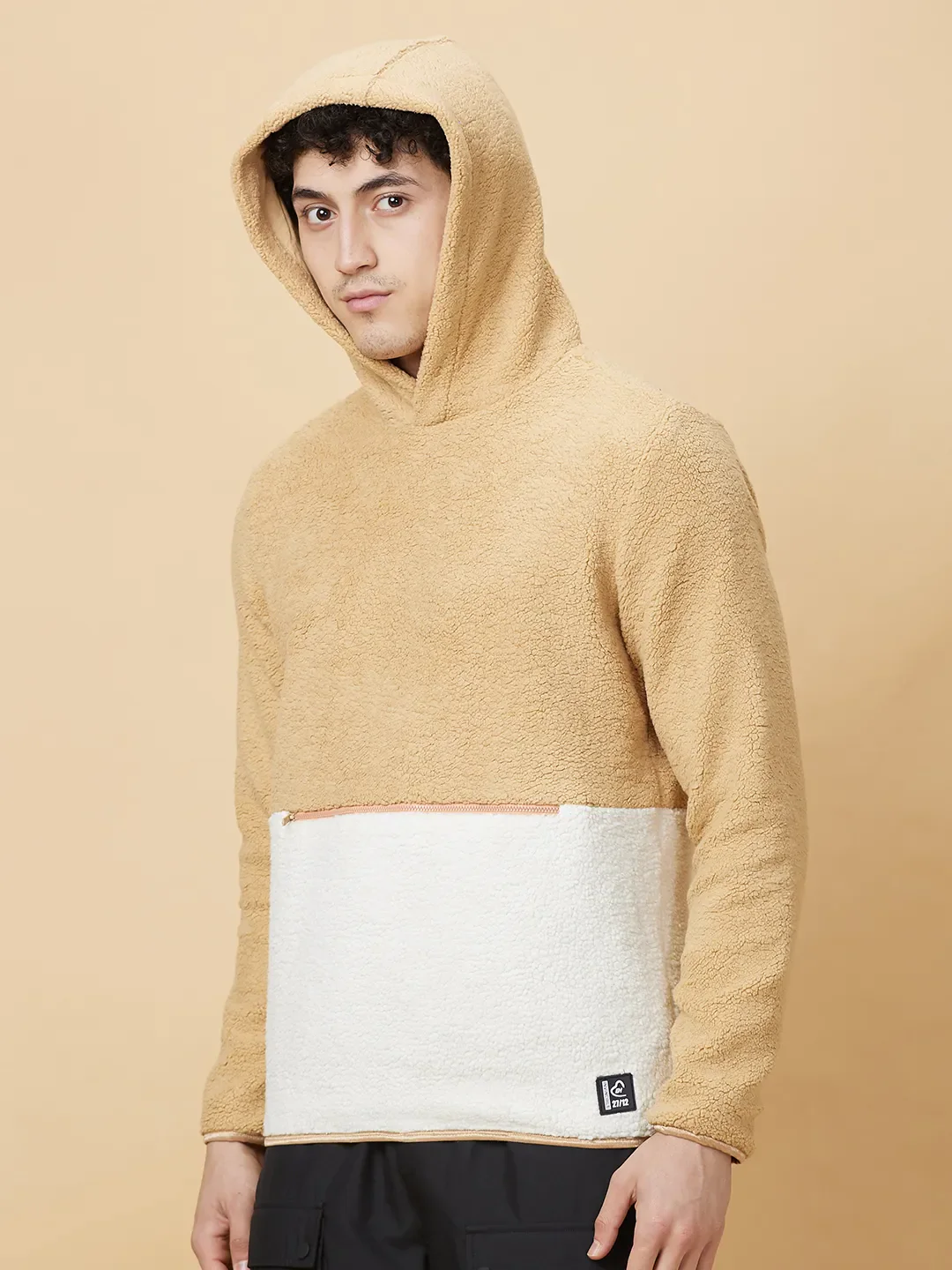 Beige Regular Fit High Neck Long Sleeves Men's Hoodie by Being Human Clothing - Image 7