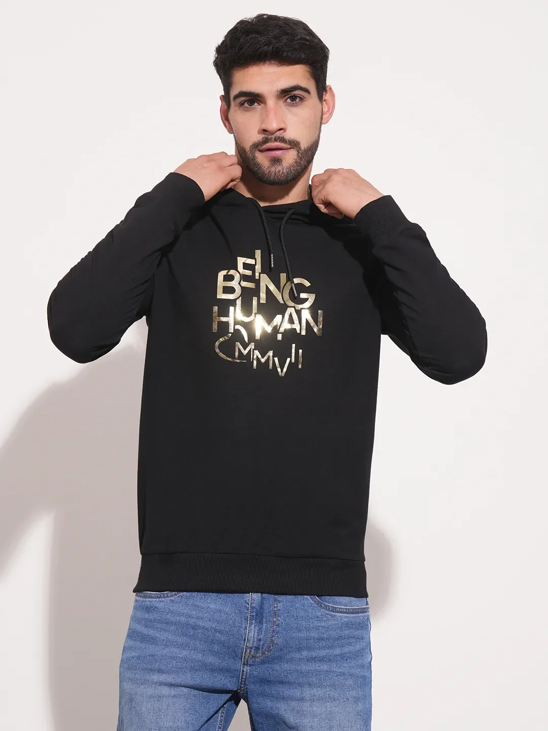 Black Regular Fit  Long Sleeves Men's Hoodie by Being Human Clothing