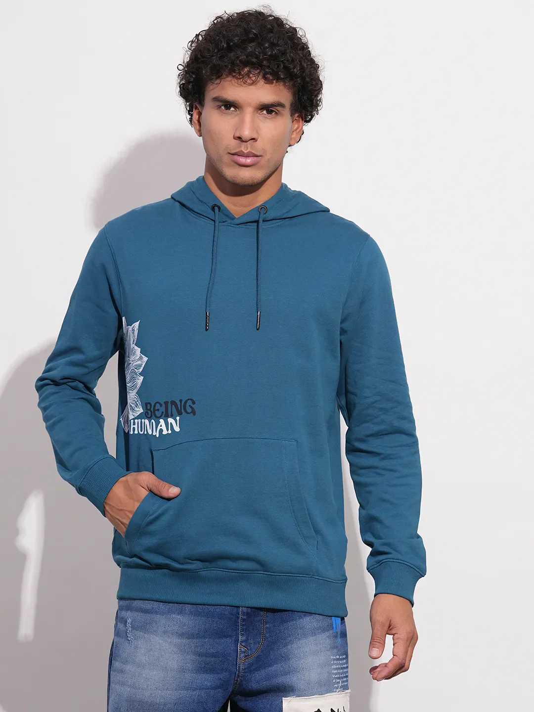 Blue Regular Fit  Long Sleeves Men's Hoodie by Being Human Clothing