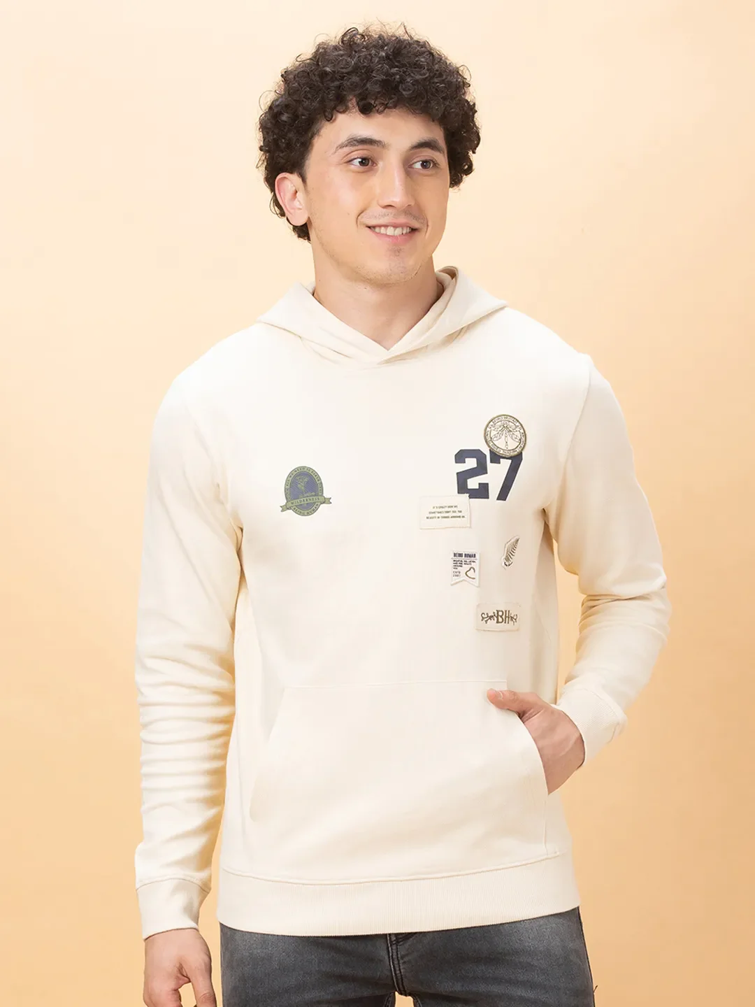 Off White Regular Fit Round Neck Men's Hoodie by Being Human Clothing