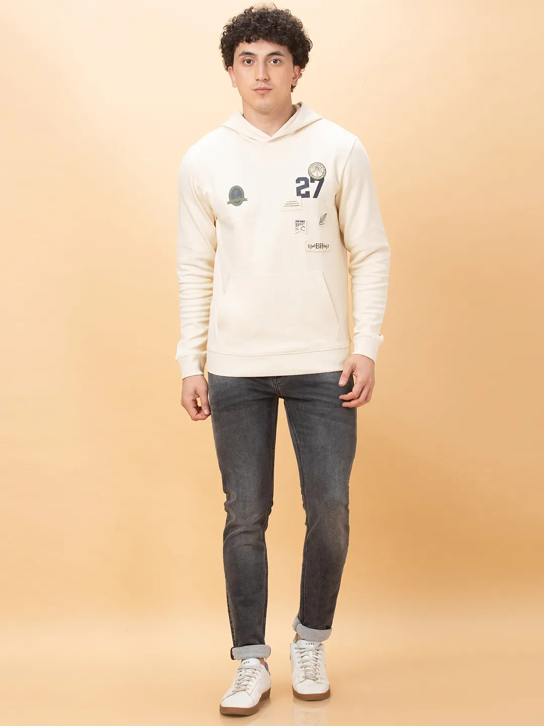 Off White Regular Fit Round Neck Men's Hoodie by Being Human Clothing - Image 2