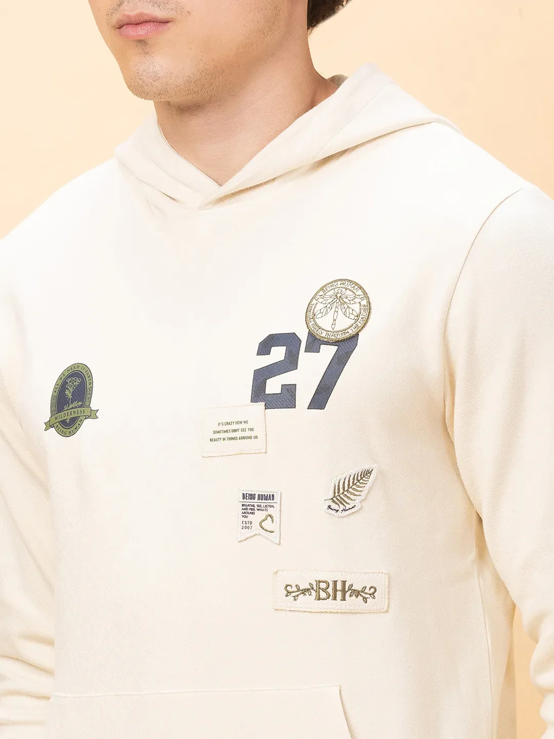 Off White Regular Fit Round Neck Men's Hoodie by Being Human Clothing - Image 5