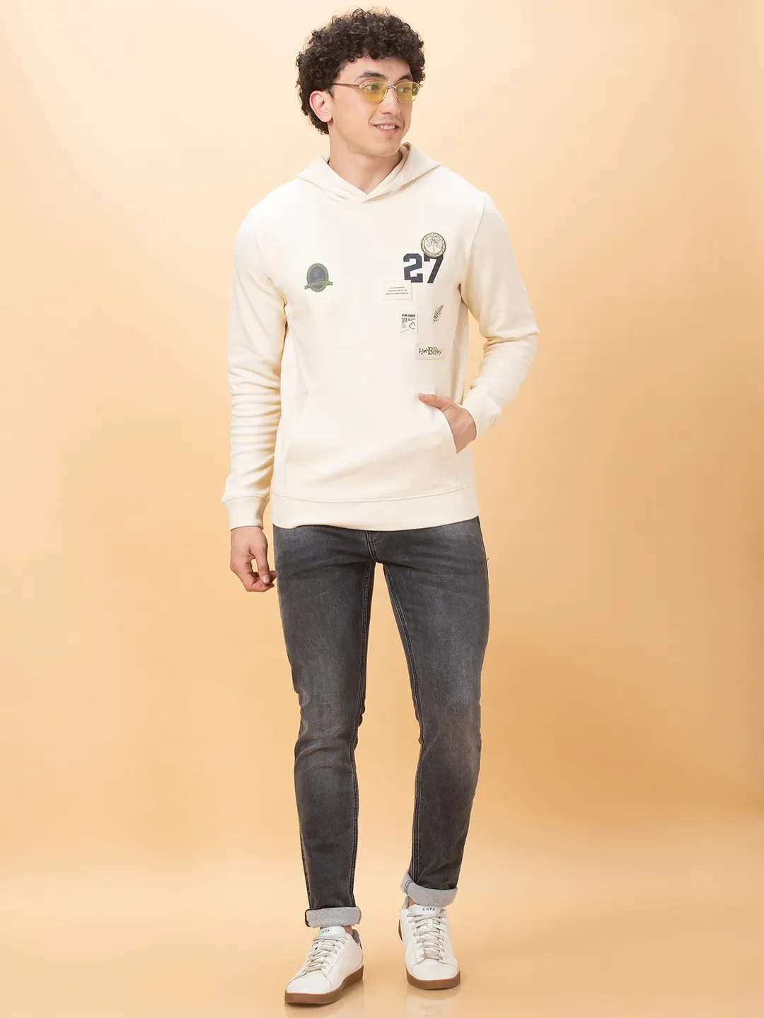 Off White Regular Fit Round Neck Men's Hoodie by Being Human Clothing - Image 6
