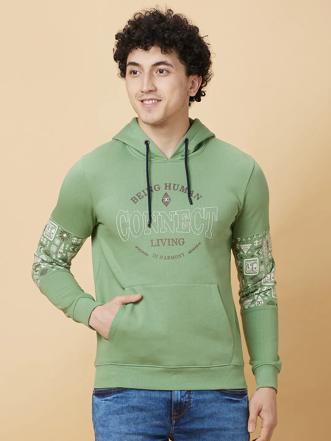 Green Regular Fit  Long Sleeves Men's Hoodie by Being Human Clothing