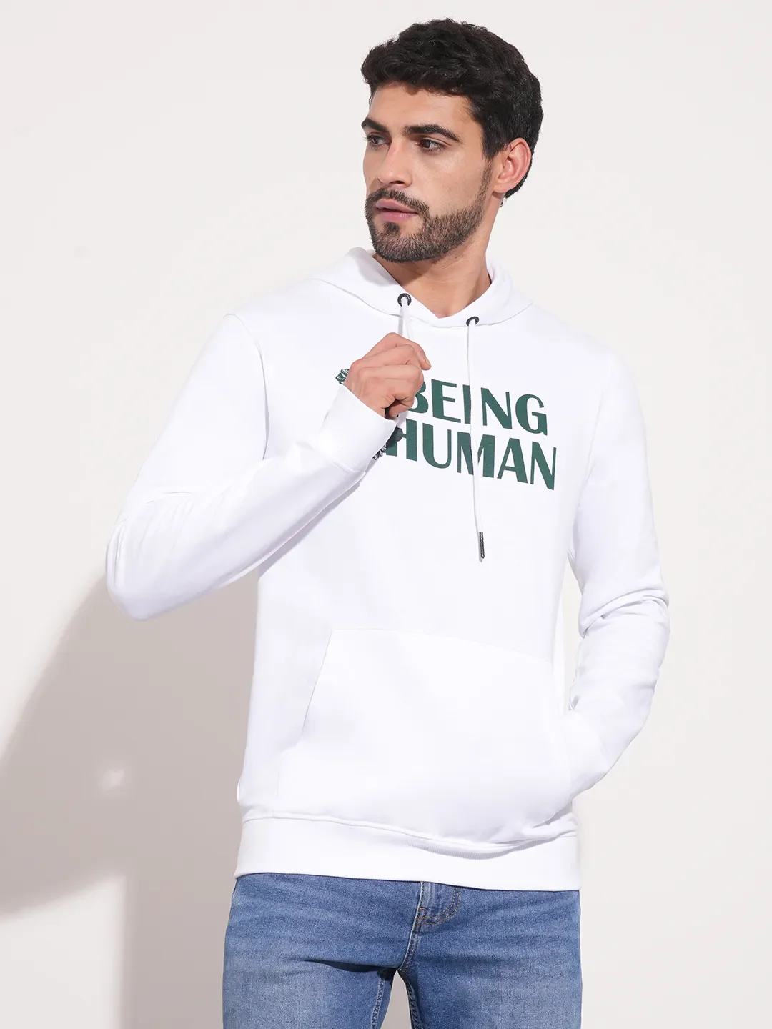 White Regular Fit  Long Sleeves Men's Hoodie by Being Human Clothing