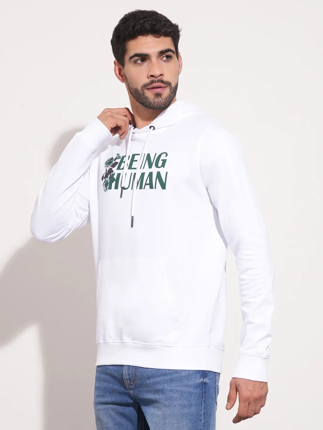 White Regular Fit  Long Sleeves Men's Hoodie by Being Human Clothing - Image 4