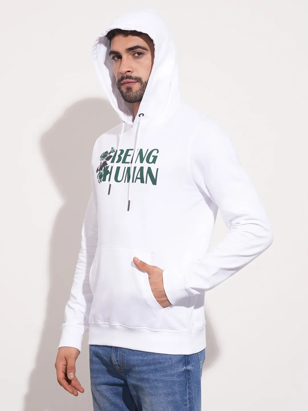 White Regular Fit  Long Sleeves Men's Hoodie by Being Human Clothing - Image 8