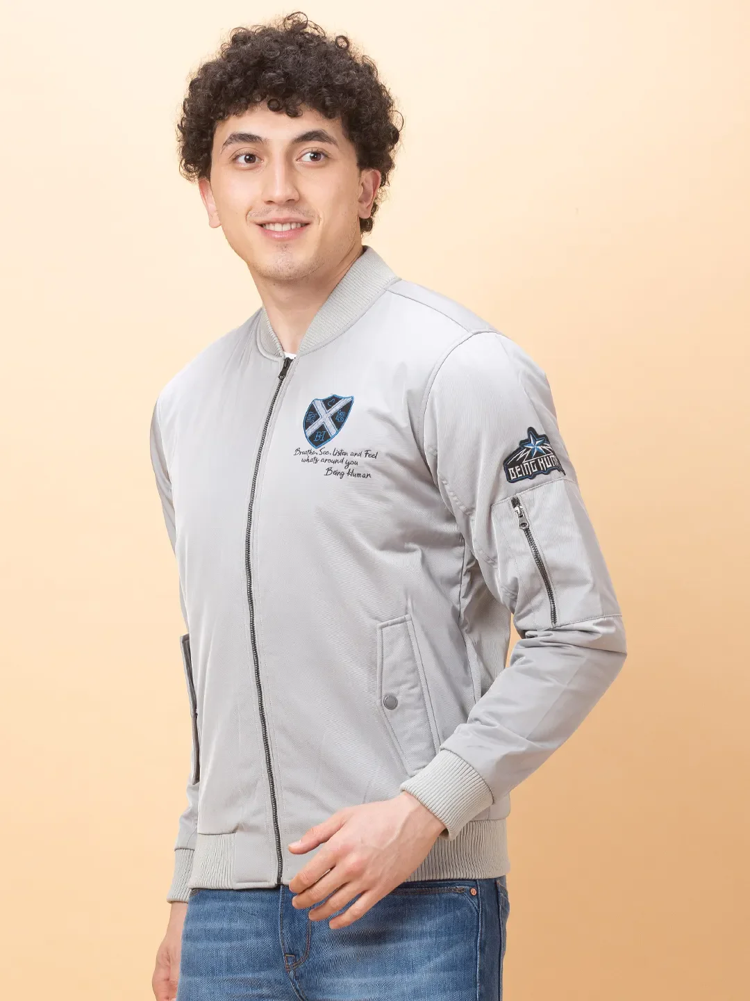 Light Grey Regular Fit Men's Jacket by Being Human Clothing - Image 4