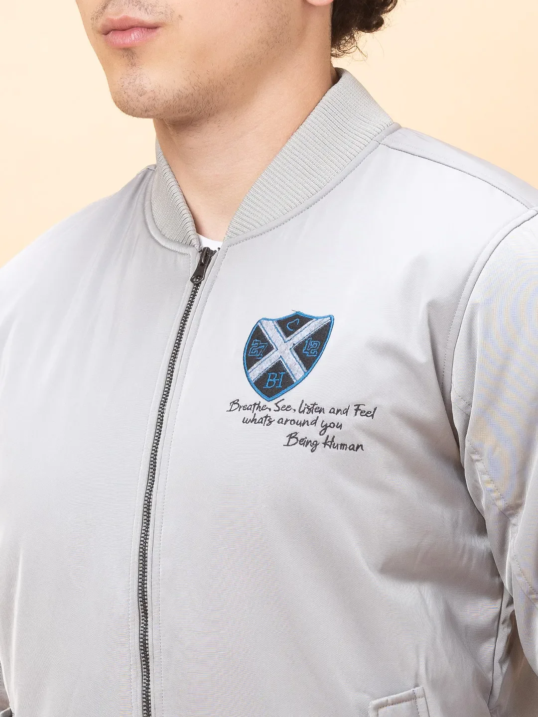 Light Grey Regular Fit Men's Jacket by Being Human Clothing - Image 5