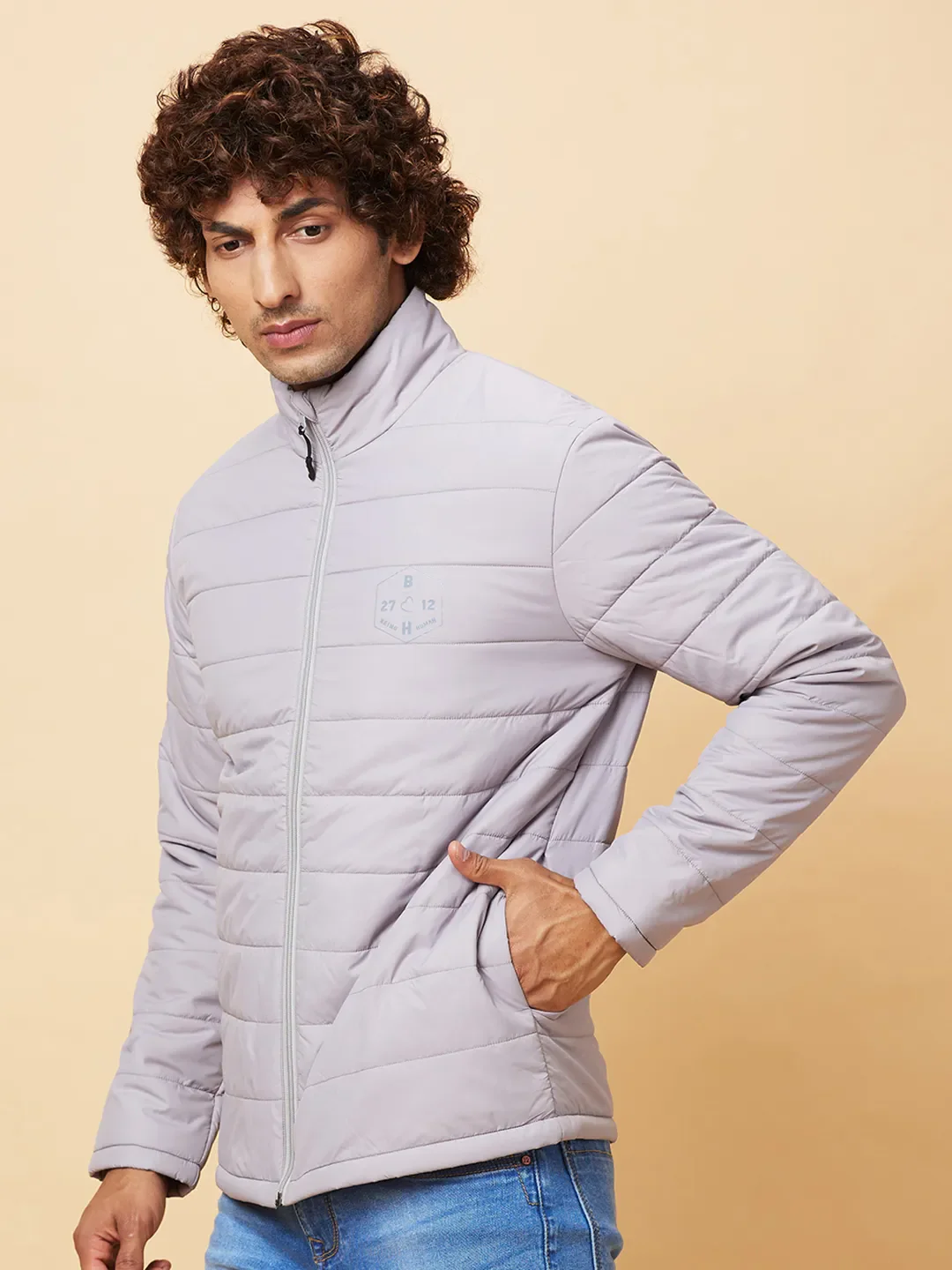 Light Grey Regular Fit Men's Jacket by Being Human Clothing - Image 4