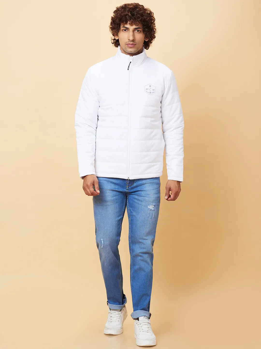 White Regular Fit Men's Jacket by Being Human Clothing - Image 2