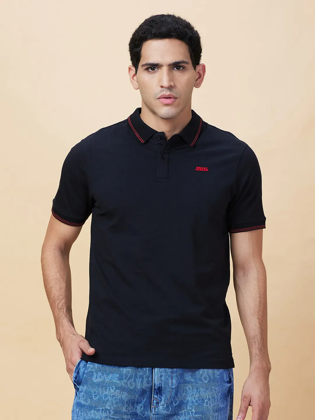 Black Regular Fit Men's Polo T-Shirt by Being Human Clothing