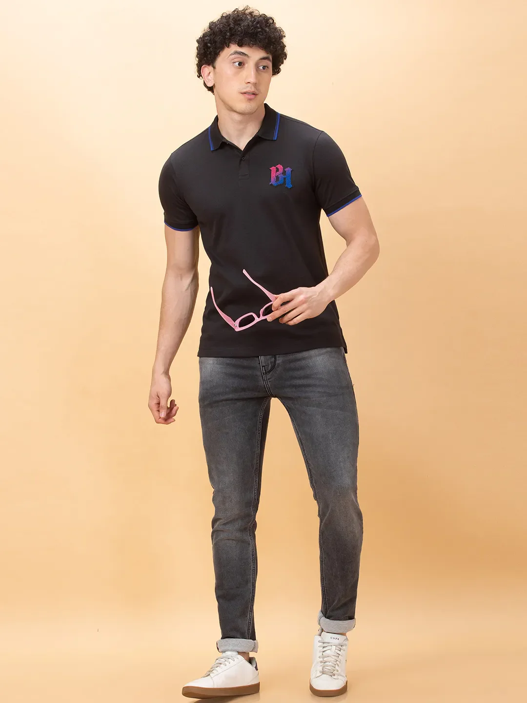 Black Regular Fit Men's Polo T-shirt by Being Human Clothing - Image 6