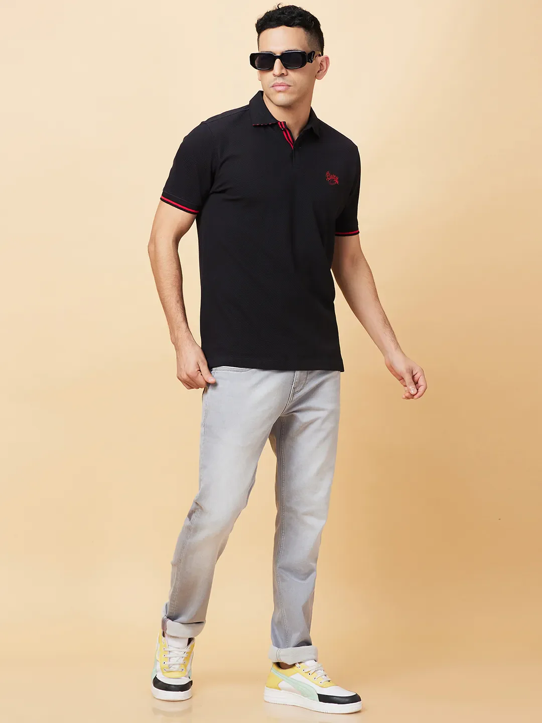 Black Regular Fit Men's Polo T-Shirt by Being Human Clothing - Image 6