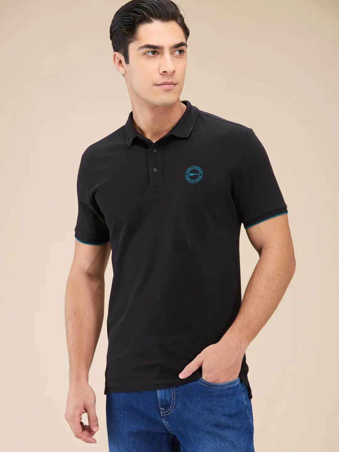 Black Regular Fit Men's Polo T-Shirt by Being Human Clothing