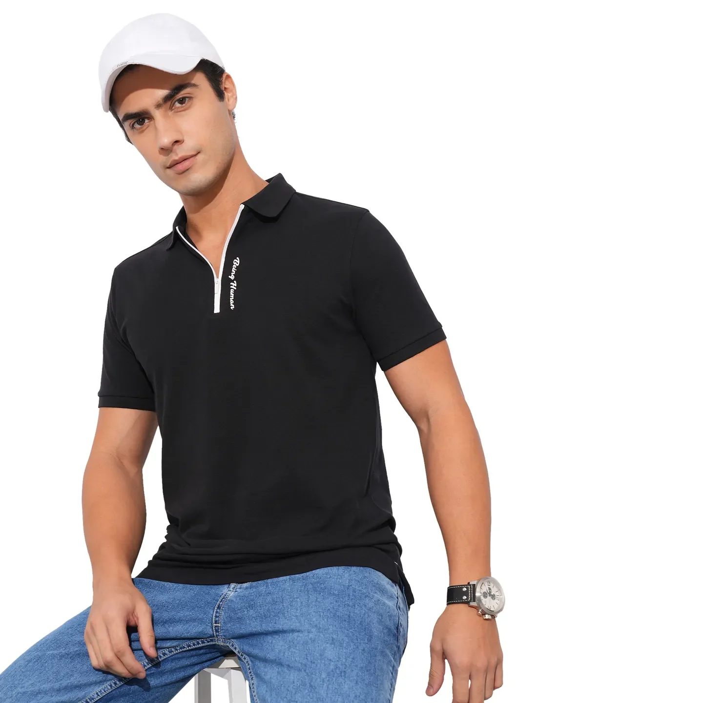 Black Regular Fit Men's Polo T-Shirt by Being Human Clothing - Image 6