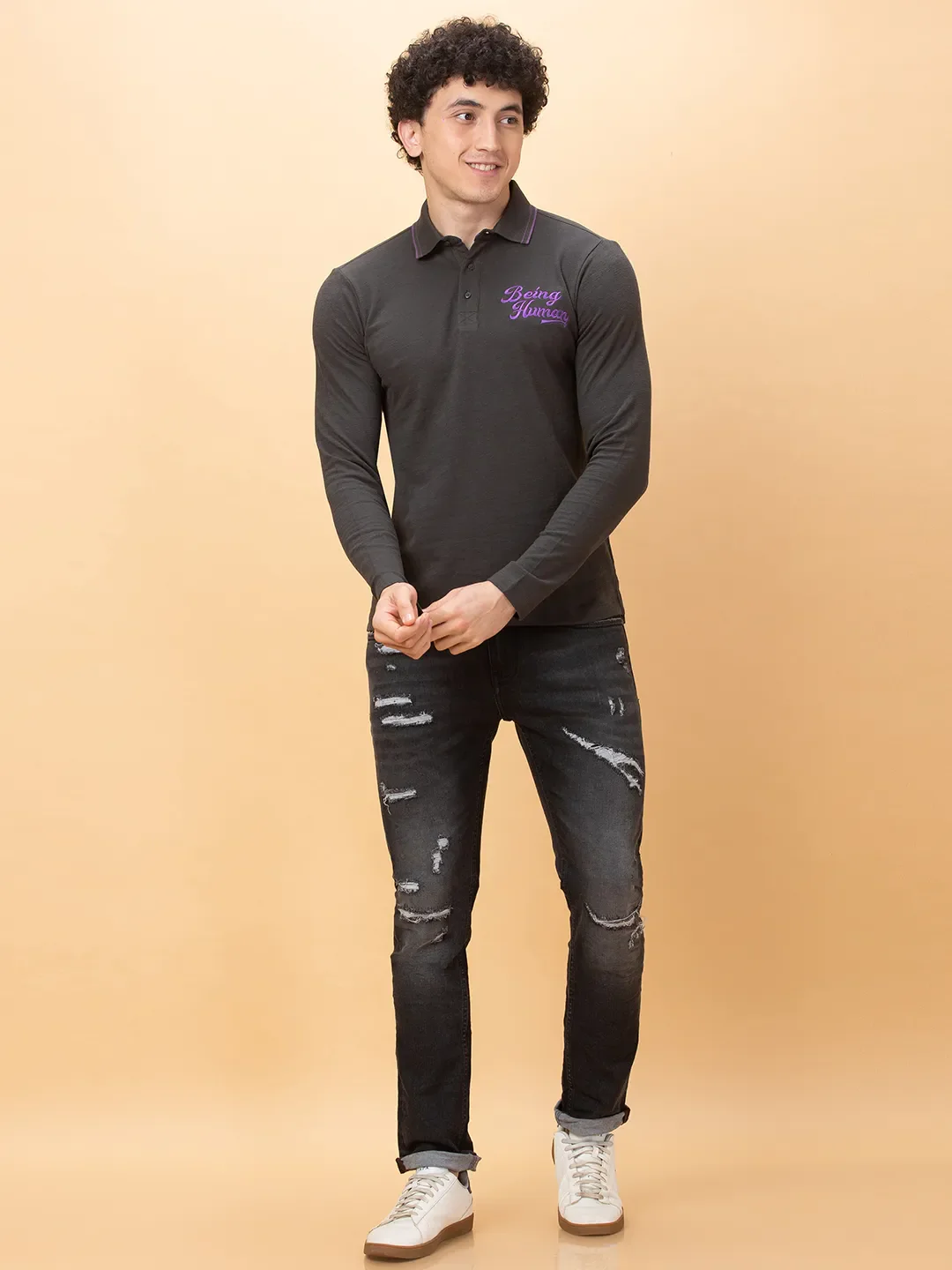 Charcoal Regular Fit Men's Polo T-Shirt by Being Human Clothing - Image 2