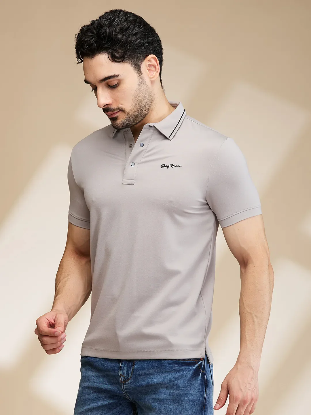 Grey Regular Fit Men's Polo T-Shirt by Being Human Clothing - Image 4