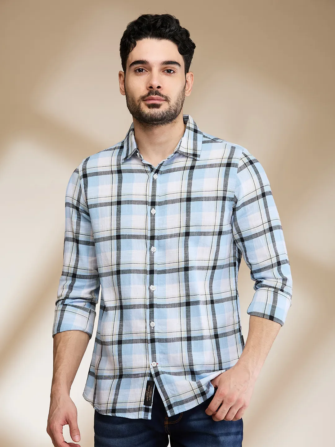 Blue Slim Straight Fit Regular Collar Long Sleeves Men's Shirt by Being Human Clothing