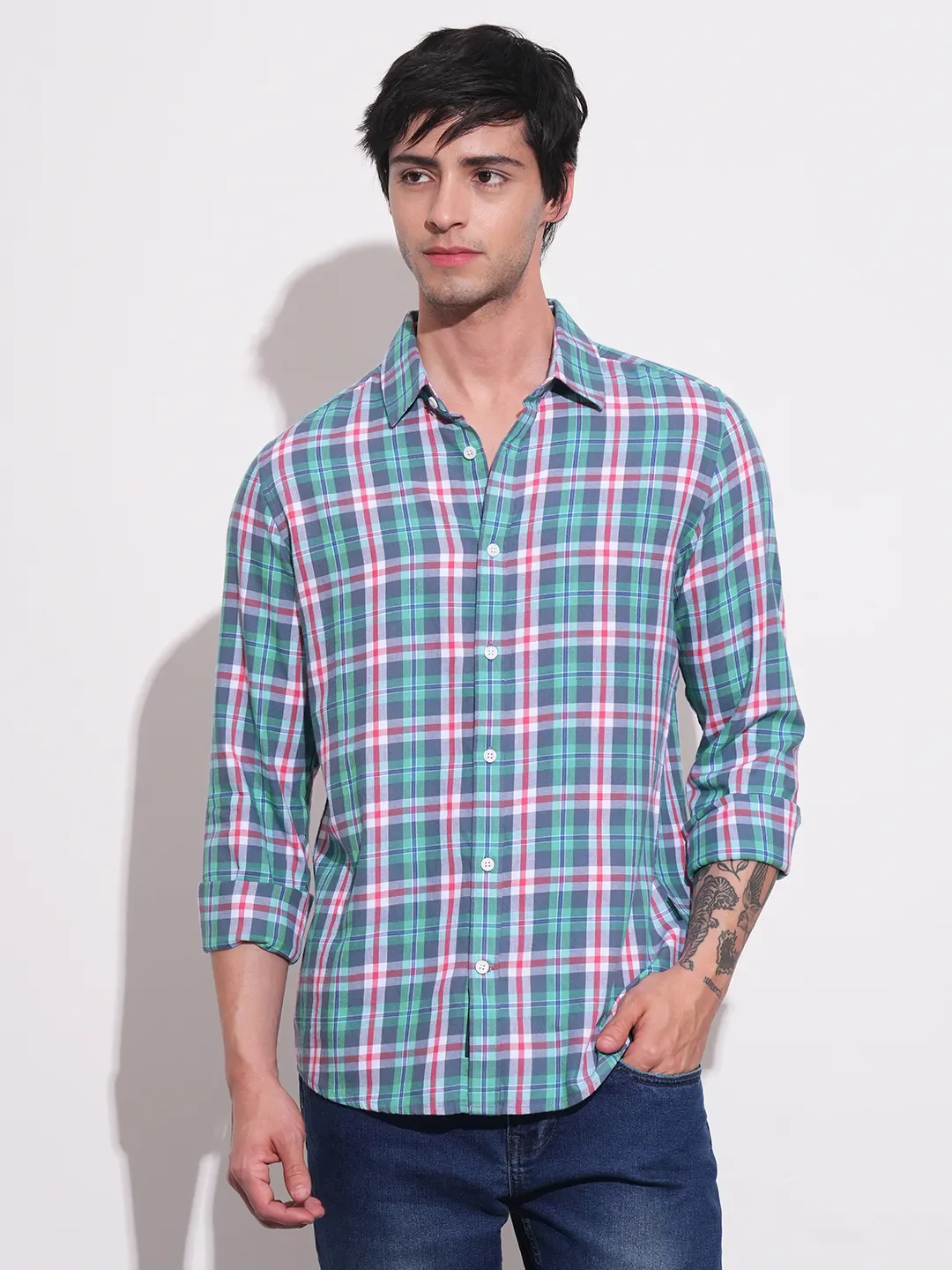 Blue Slim Straight Fit Regular Collar Long Sleeves Men's Shirt by Being Human Clothing