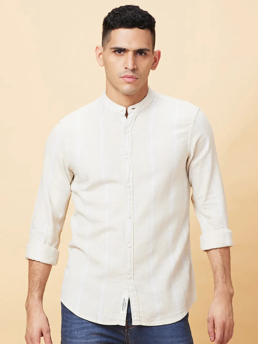 Beige Slim Fit Regular Collar Men's Shirt by Being Human Clothing