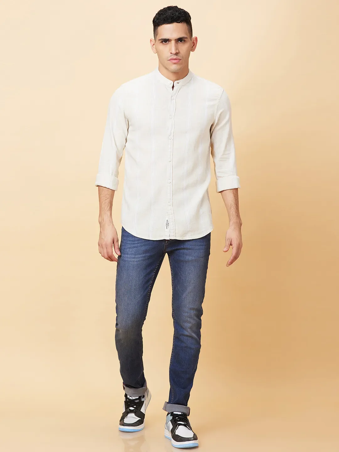 Beige Slim Fit Regular Collar Men's Shirt by Being Human Clothing - Image 2