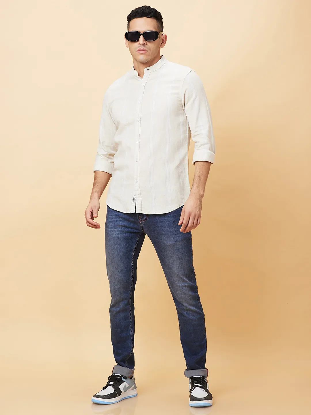Beige Slim Fit Regular Collar Men's Shirt by Being Human Clothing - Image 6