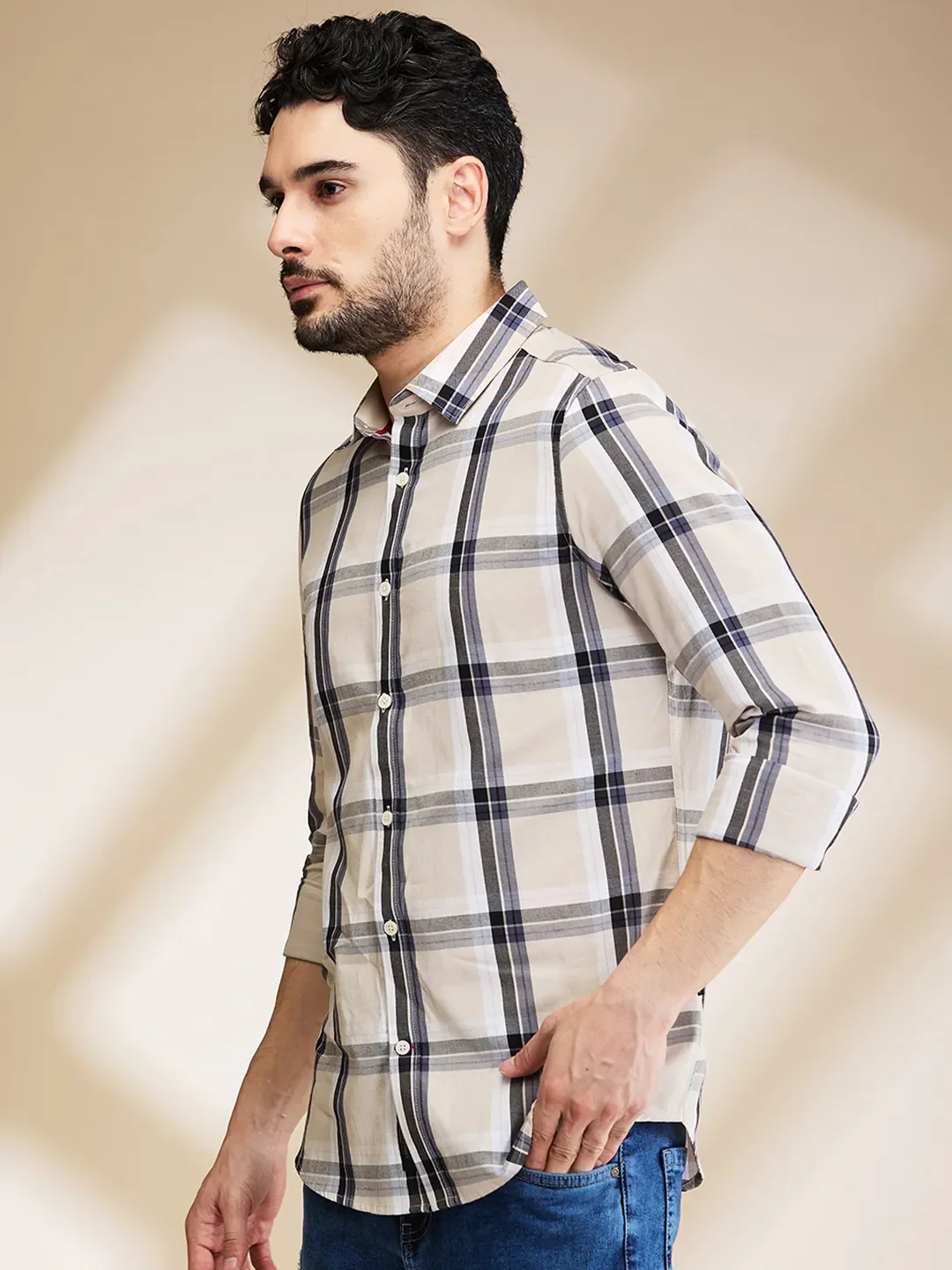 Beige Slim Fit Regular Collar Men's Shirt by Being Human Clothing - Image 4