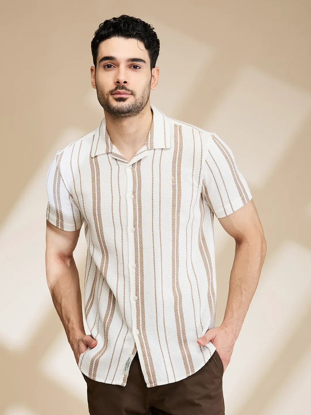 Beige Slim Fit Regular Collar Men's Shirt by Being Human Clothing