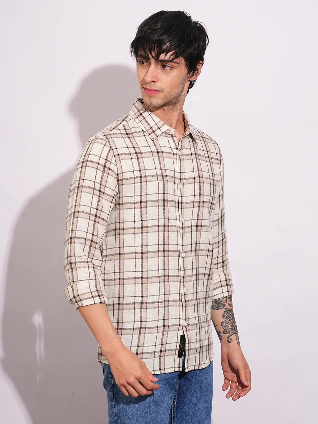 Beige Slim Fit Regular Collar Men's Shirt by Being Human Clothing - Image 2