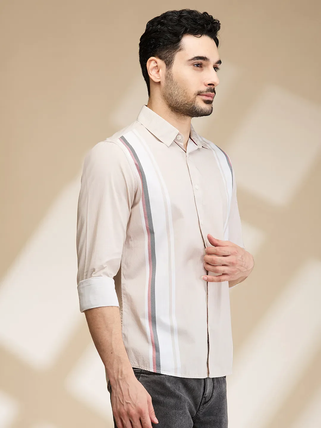 Beige Slim Fit Regular Collar Men's Shirt by Being Human Clothing - Image 4