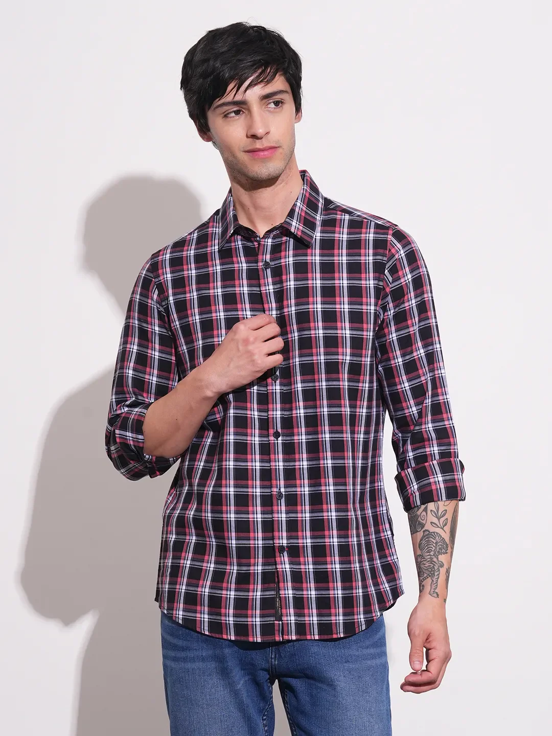 Black Slim Straight Fit Regular Collar Long Sleeves Men's Shirt by Being Human Clothing