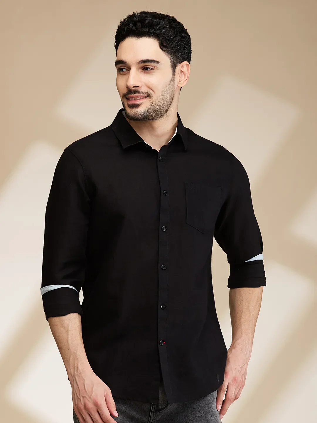 Black Slim Fit Regular Collar Men's Shirt by Being Human Clothing