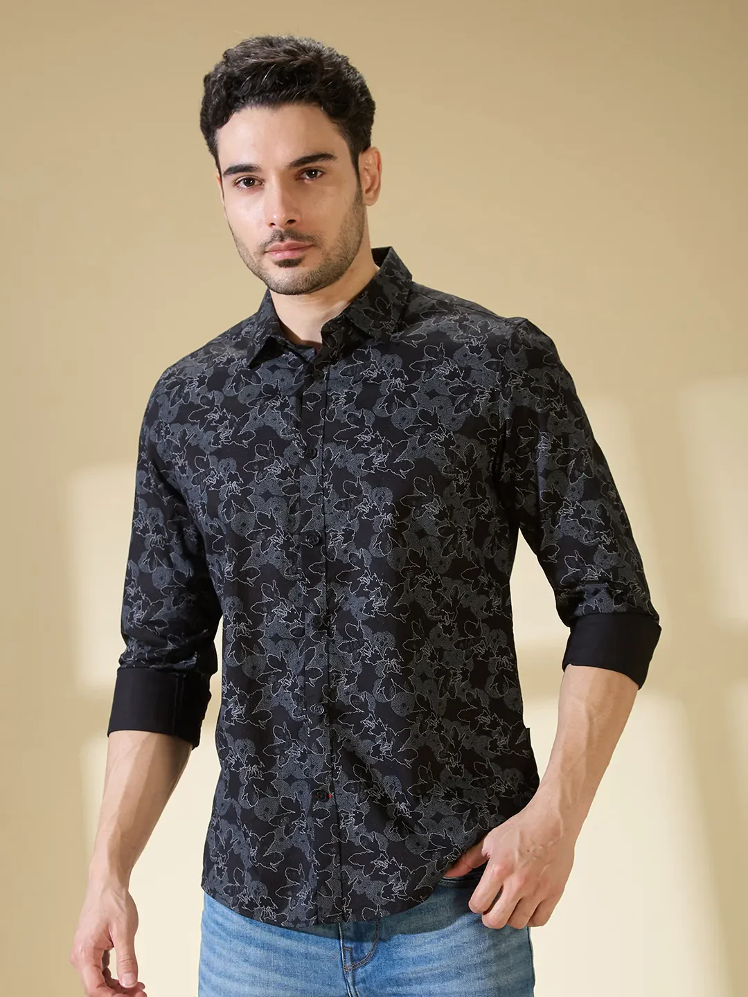 Black Slim Straight Fit Regular Collar Long Sleeves Men's Shirt by Being Human Clothing